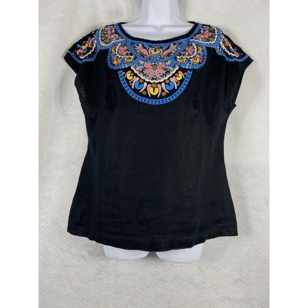 Boden Top Women's 8 Black Round Neck Embroidered 100% Linen Sleeveless